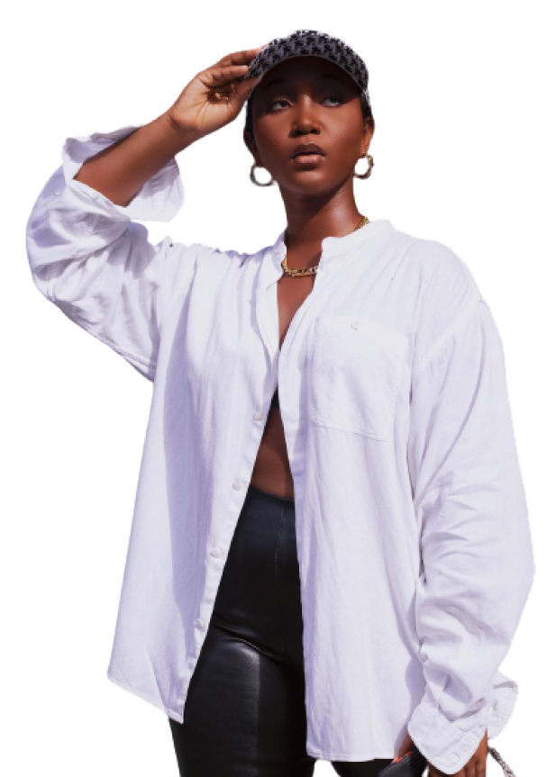 hero image: model on white shirt and black trousers